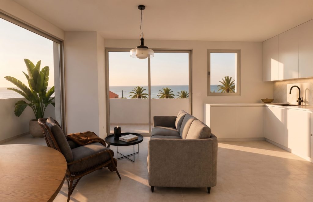 Sala moderna con vista al mar